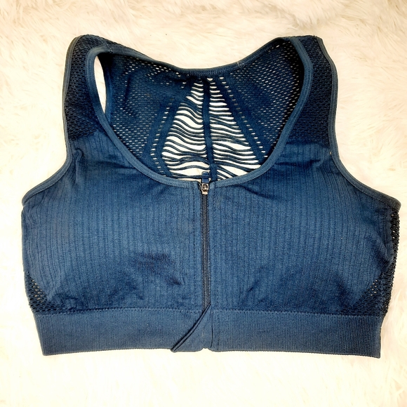 Women's Navy Mesh Padded Zipper Sports Bra - Picture 2 of 5